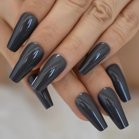 24 Dark Gray Acrylic Nails Coffin Press on nails - Picture 1 of 6